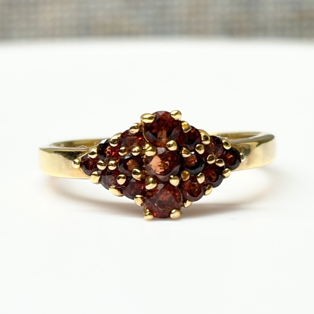 Vintage Gold Tone Garnet Cluster Ring Red Gemstone Diamond Shape Size 9